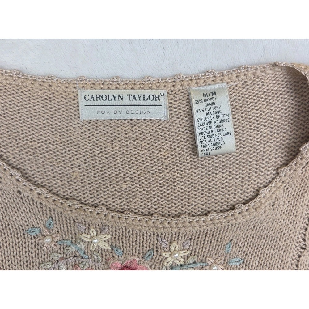 Vtg 1990s Embroidered Pearl Heart Flower Cable Knit Sweater Cottage Tan Tunic M - Picture 9 of 14